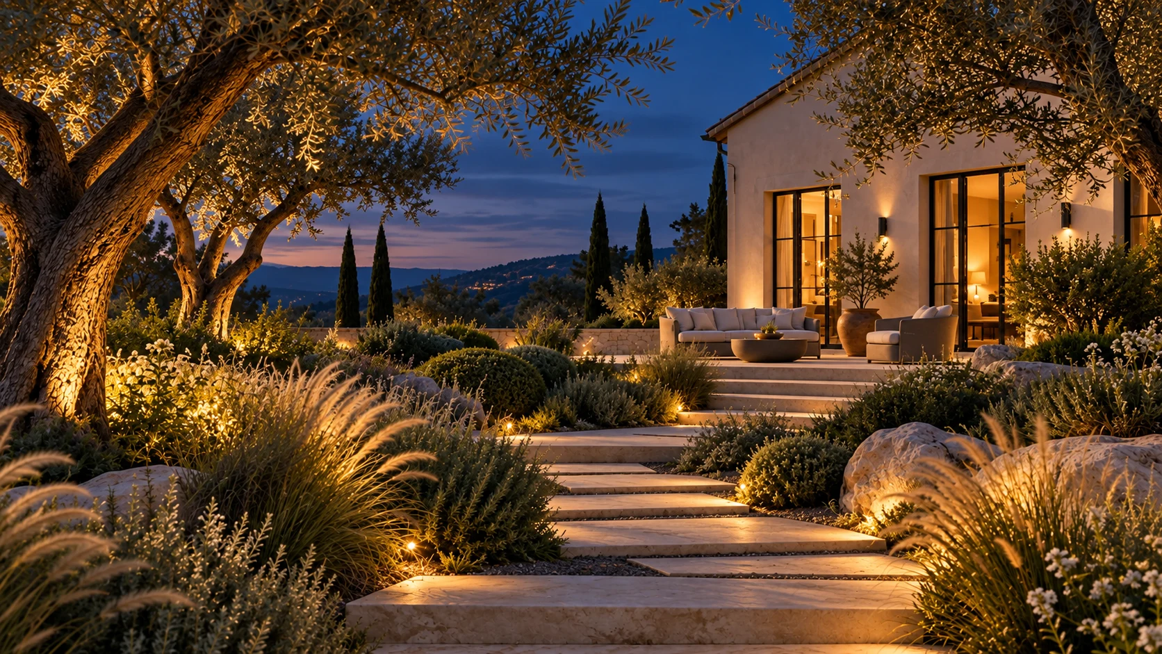 A softly lit garden at dusk