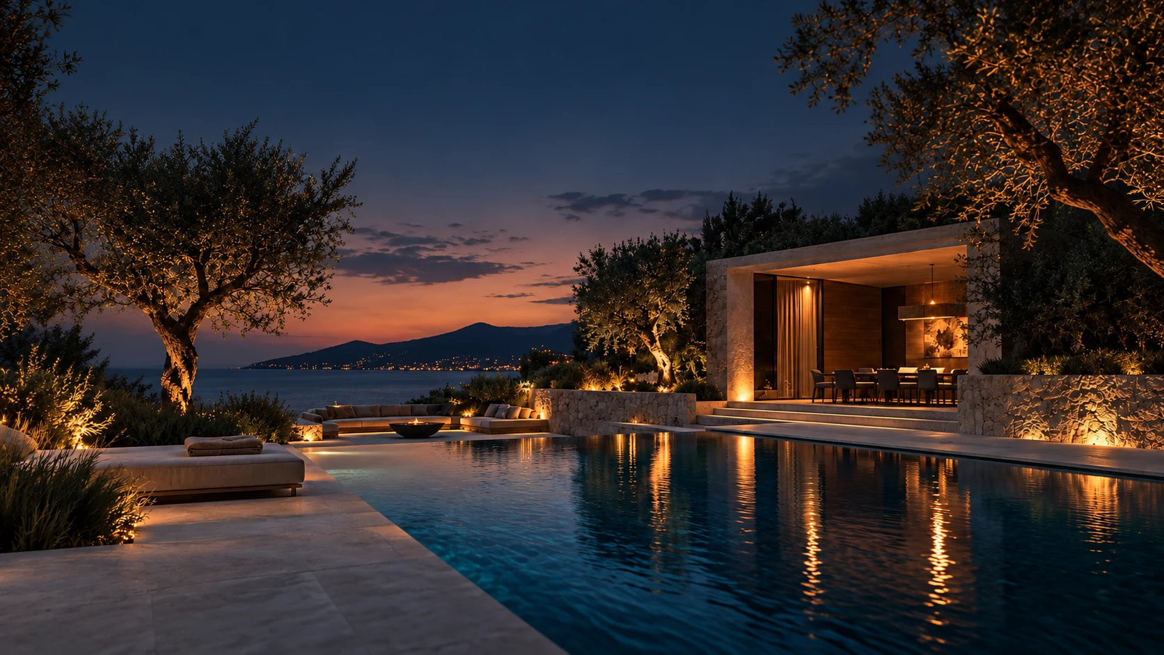 A contemporary pool and warm garden lighting at dusk